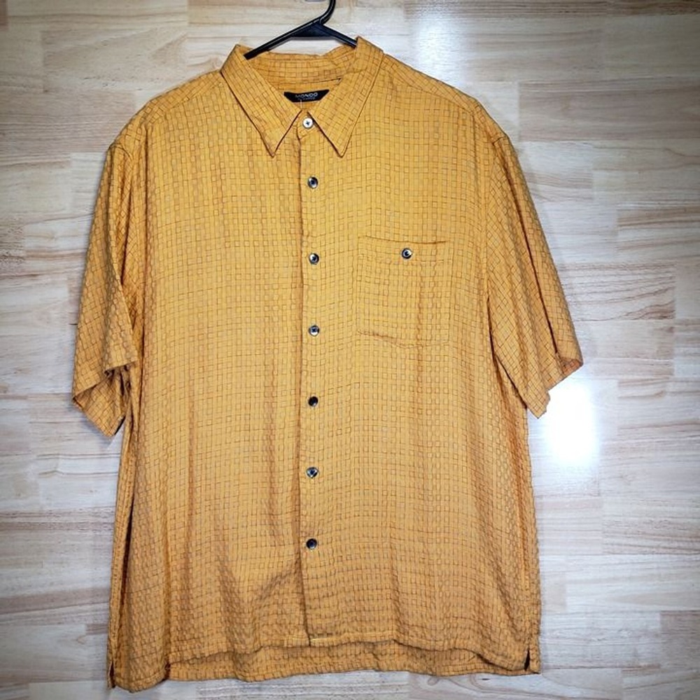 Mondo Di‎ Marco Men's L Yellow Grid Modal Rayon Camp Shirt Short Sleeve Button
